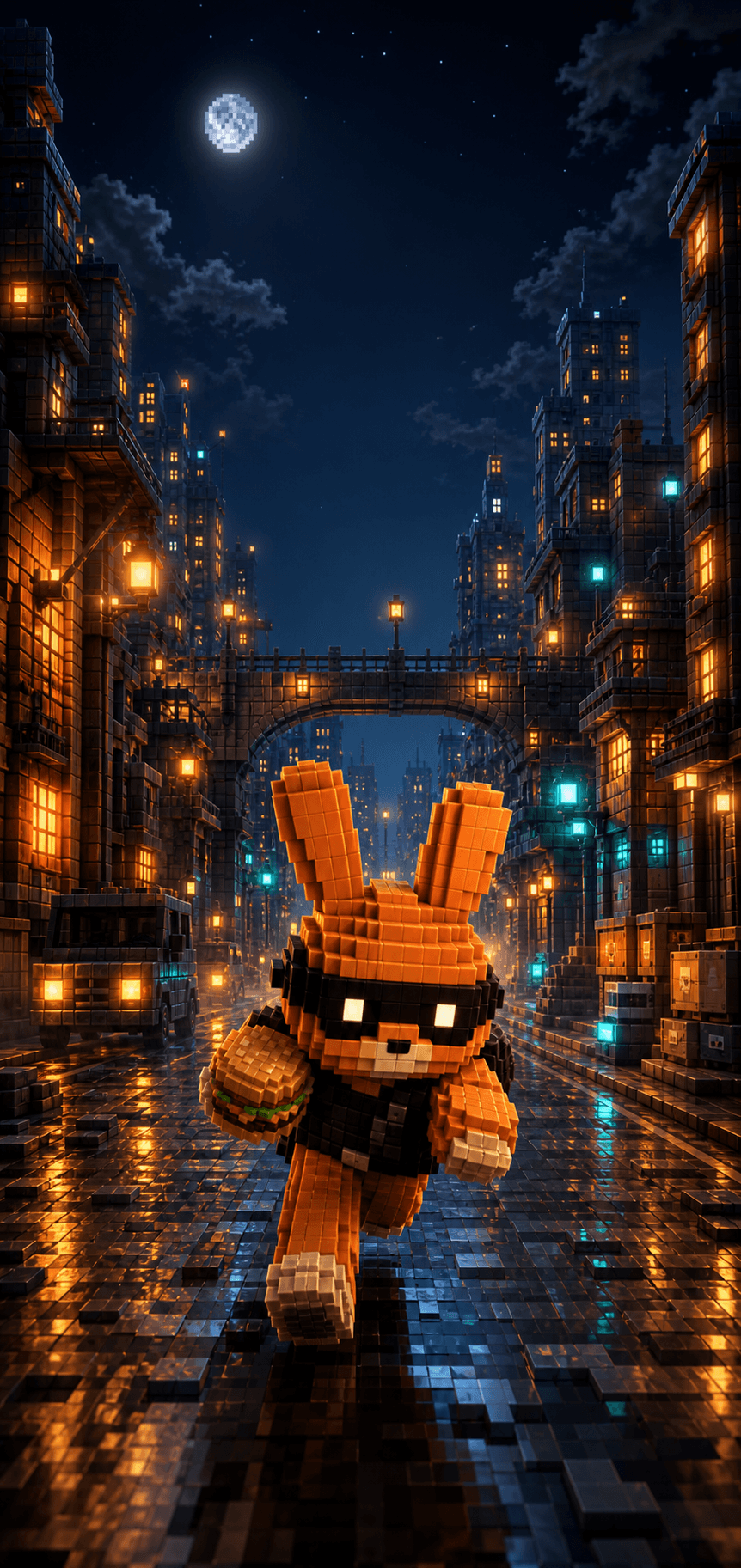 Voxel BunBandit rabbit running through a night city