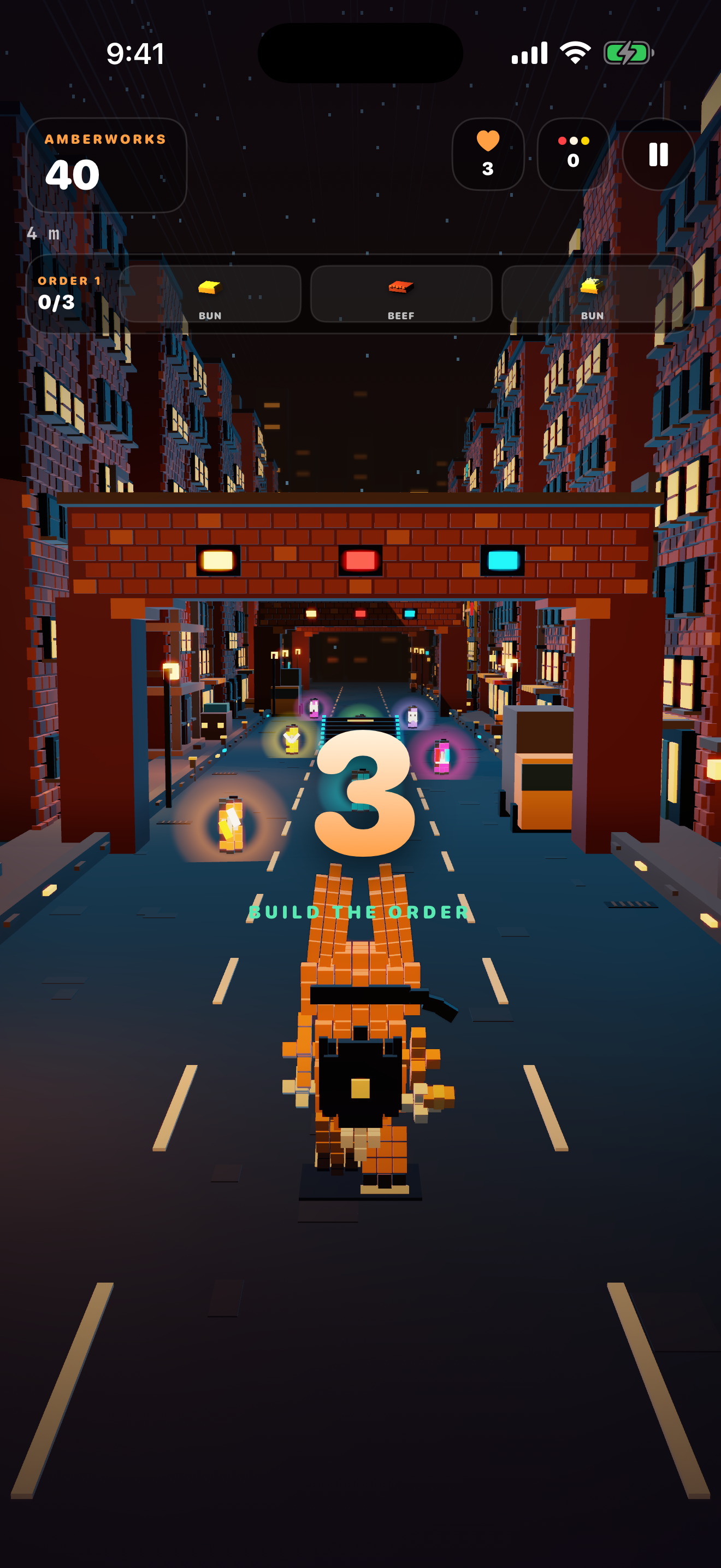 BunBandit iPhone run showing a burger order and glowing power-ups